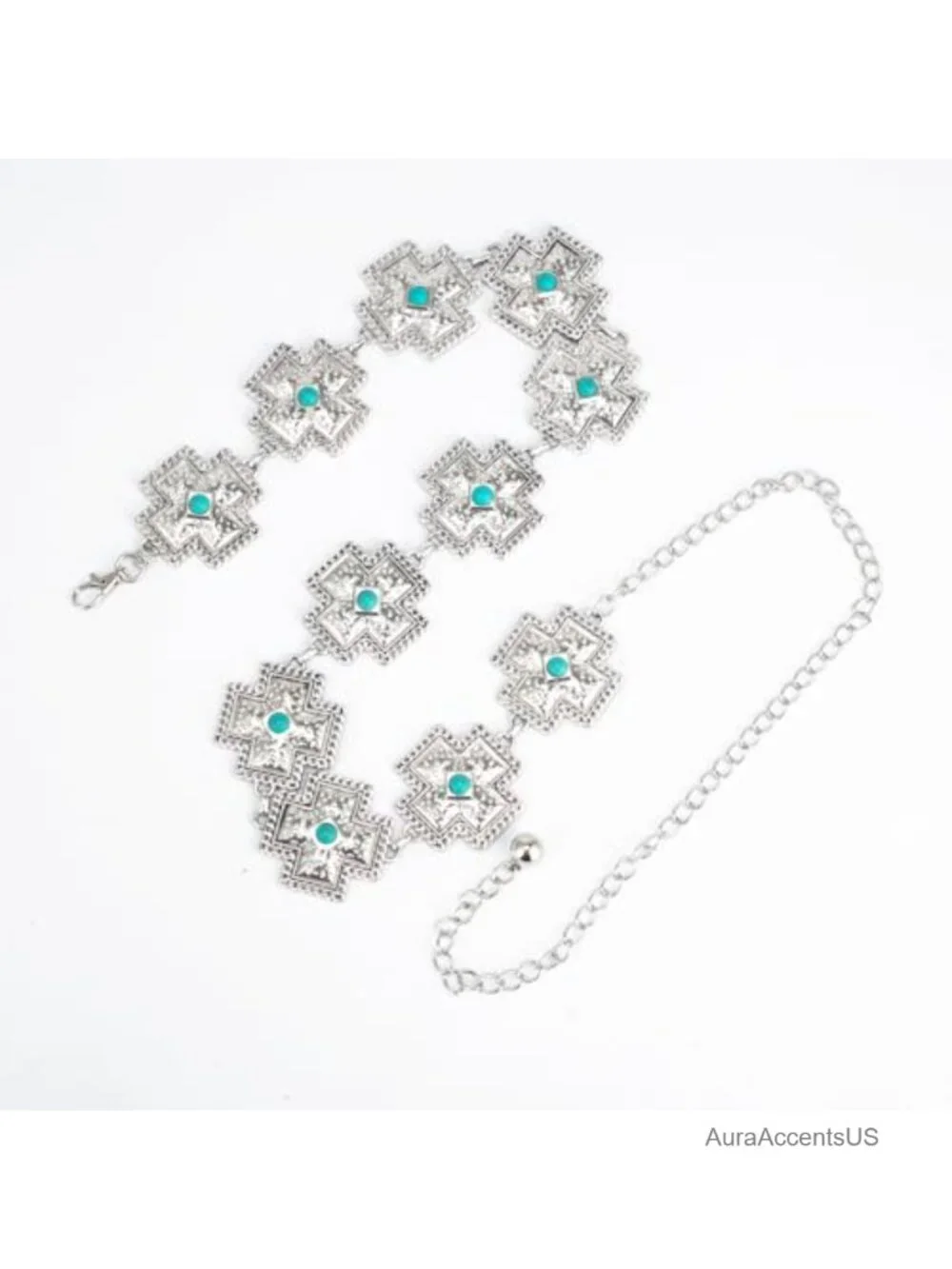 Zinc Alloy Metal Waist Chain Belt with Turquoise Stone Punk Concho Western